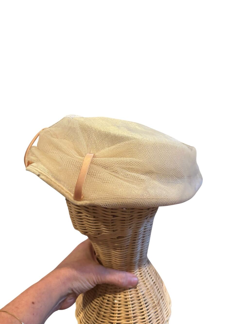 Ivory Tulle Picture Hat Blush Ribbon Tea Party Church Derby Fascinator VTG